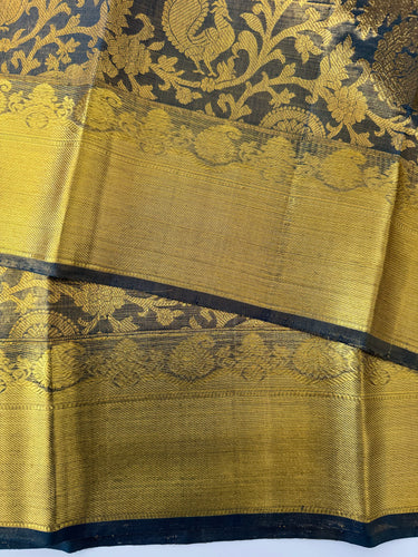 ShopNaya Exclusive | Brocade Kanchipuram Pure Silk Saree | Metallic Peacock Blue | Pure Gold Zari | Handwoven | Ships from California